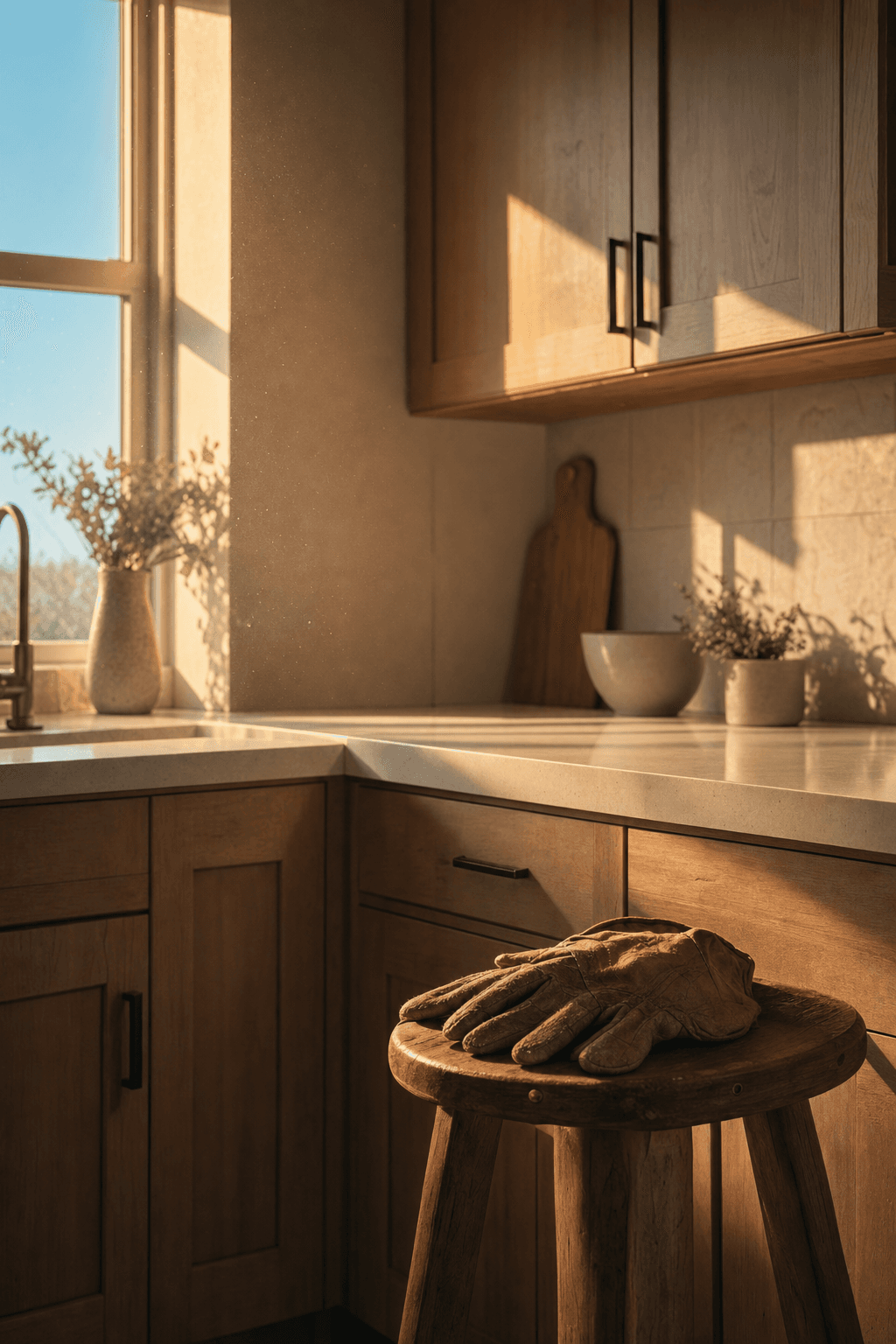 Worn leather work gloves resting on a stool in a finished kitchen at golden hour, calm and quiet morning-after atmosphere