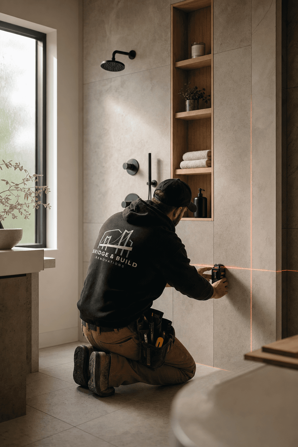 Contractor using laser level on shower tile during luxury bathroom remodel in Fort Worth