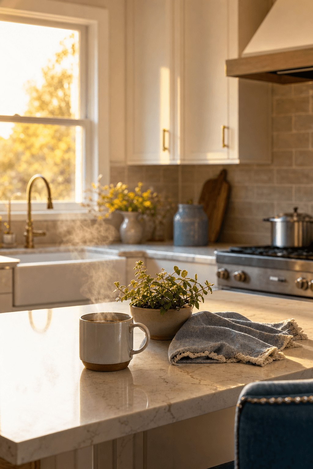Sunlit renovated kitchen with coffee and a small plant, calm finished space at golden hour.