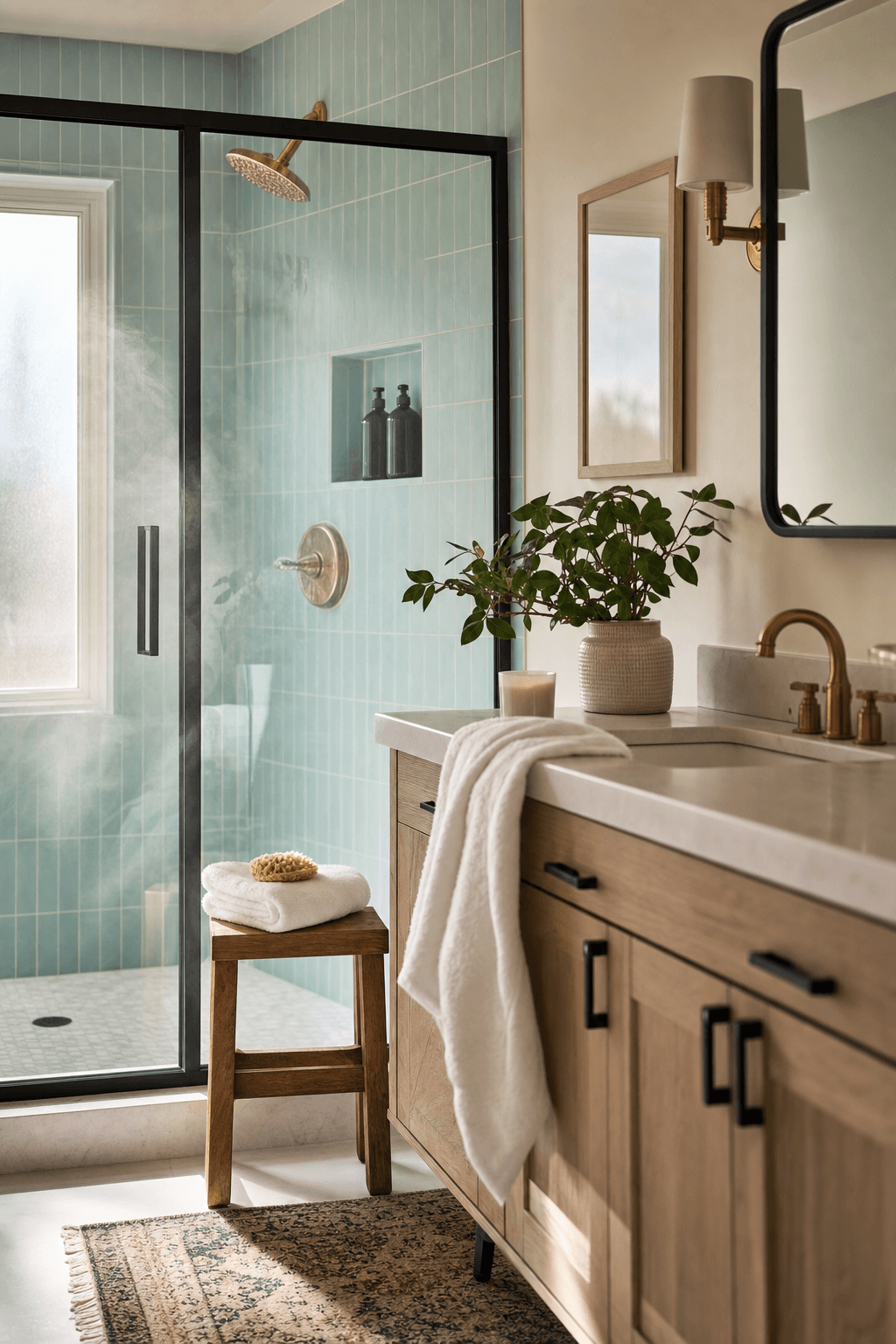 A calm, finished modern bathroom in soft morning light with brass fixtures, teal tile, and a folded white towel — quiet Saturday handoff.
