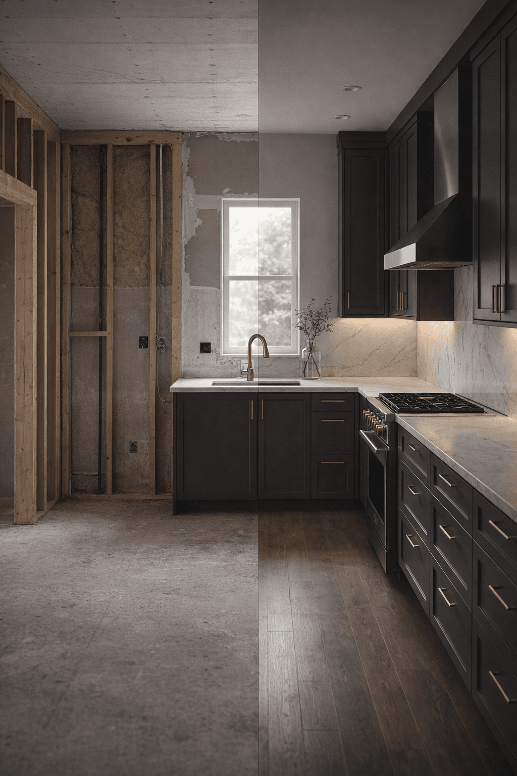 Split dramatic before-and-after kitchen transformation with dark cabinetry and quartz countertops in neutral stone and charcoal tones