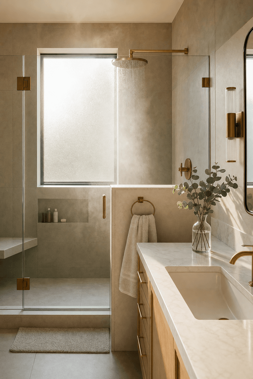 Sunlit modern bathroom with steam rising from shower, eucalyptus on quartz vanity, calm morning atmosphere