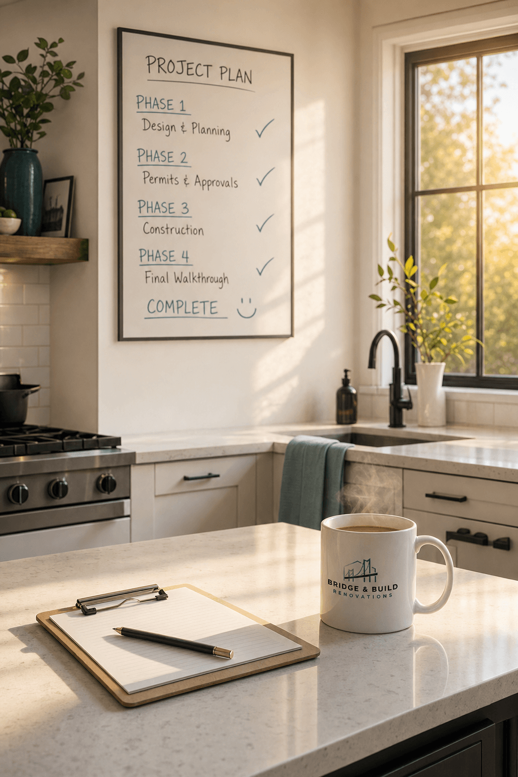 Calm morning scene in a finished modern kitchen with whiteboard, coffee, and sunlight — representing Bridge & Build Renovations' organized project management approach