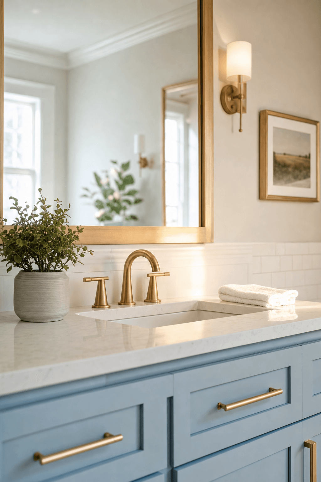 Newly finished modern bathroom with white quartz vanity, brass faucet, green plant, and folded towel in warm morning light.
