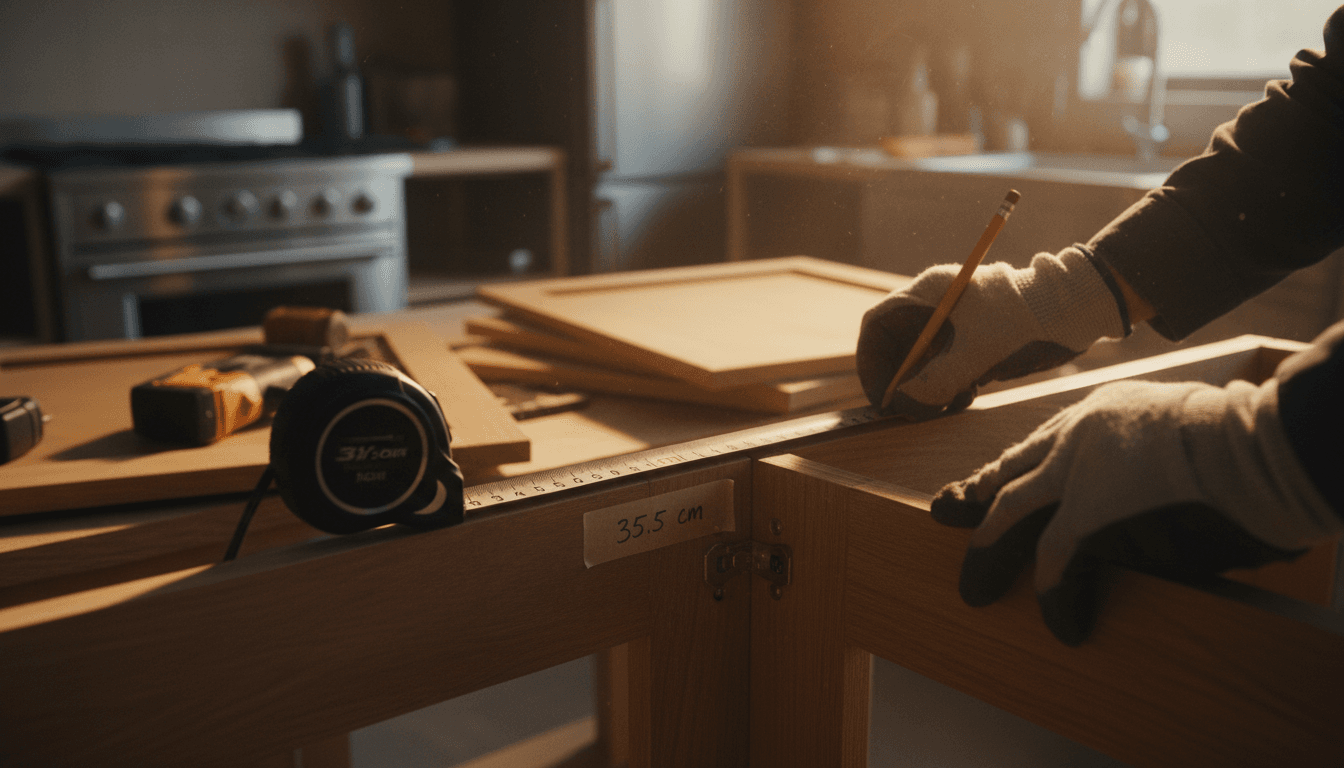 Close-up of skilled hands measuring cabinet during kitchen renovation