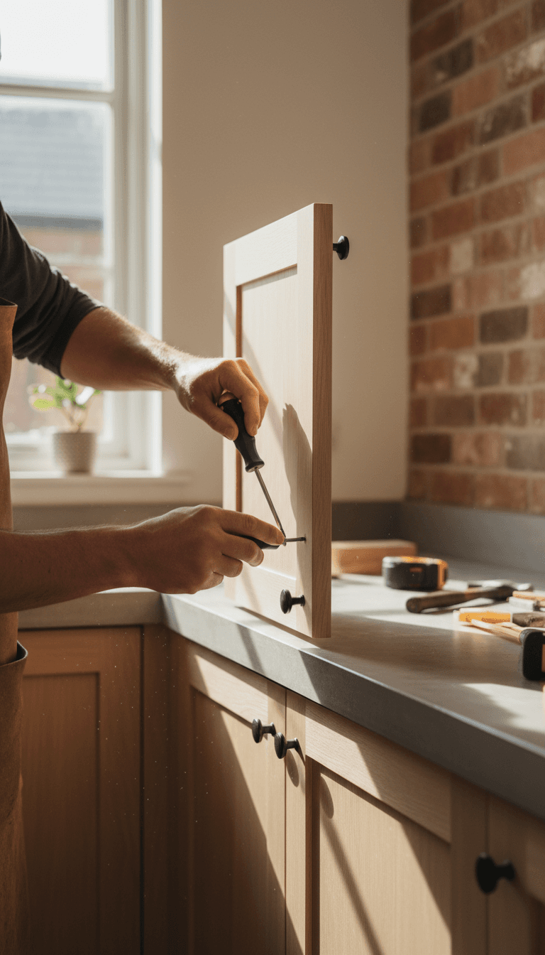 Contractor installing a custom cabinet door in a Fort Worth kitchen remodel