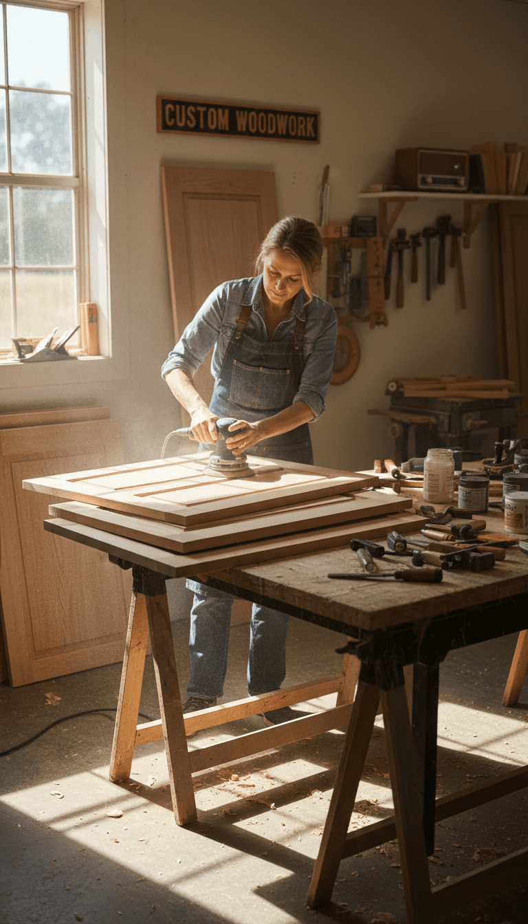 Carpenter refinishing kitchen cabinet doors