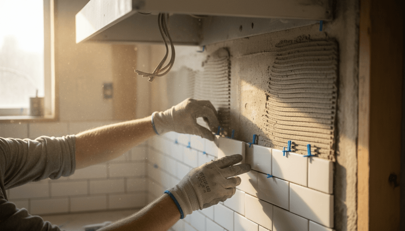 Installer setting subway tile backsplash in a kitchen renovation
