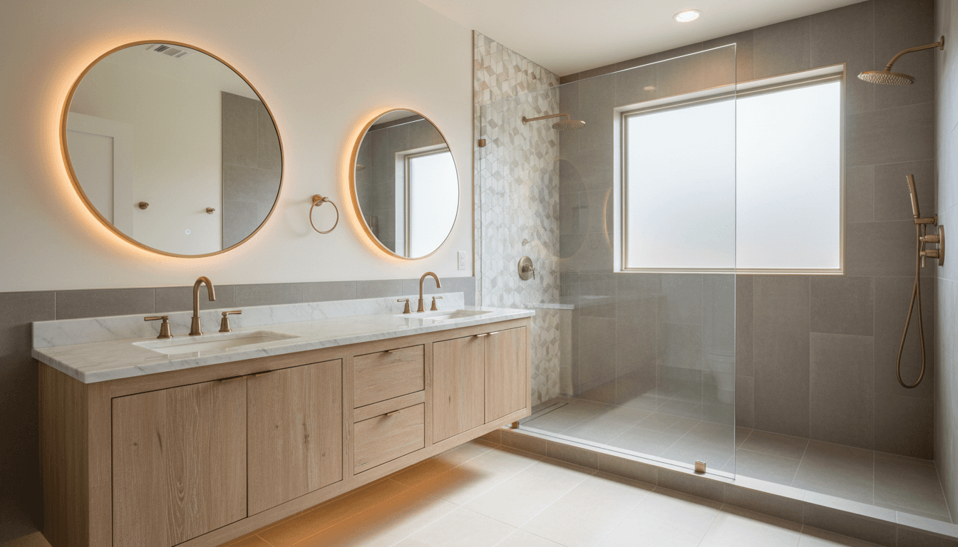 Modern bathroom renovation with marble vanity and contemporary fixtures
