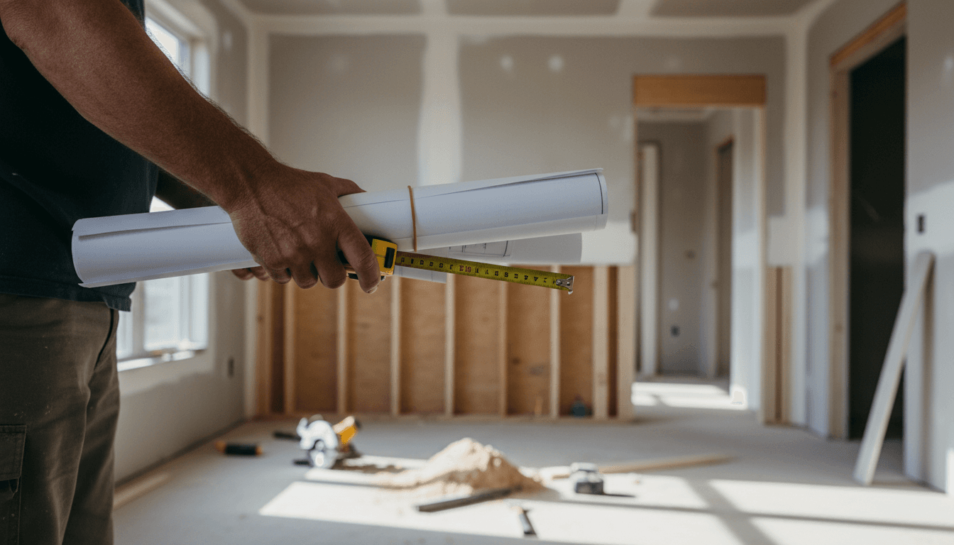 Contractor holding blueprints and measuring tape in a half-renovated room