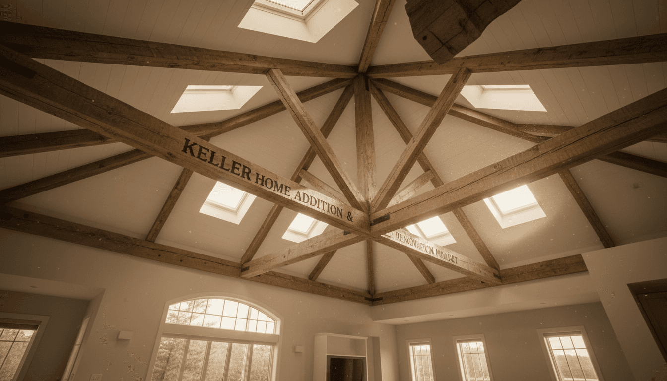 Vaulted ceiling with exposed beams and skylights