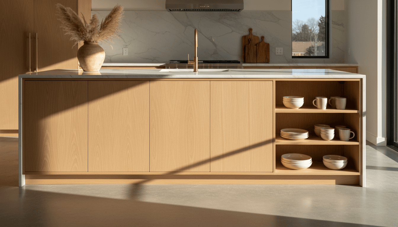 Kitchen island with marble countertop and open shelving in natural light