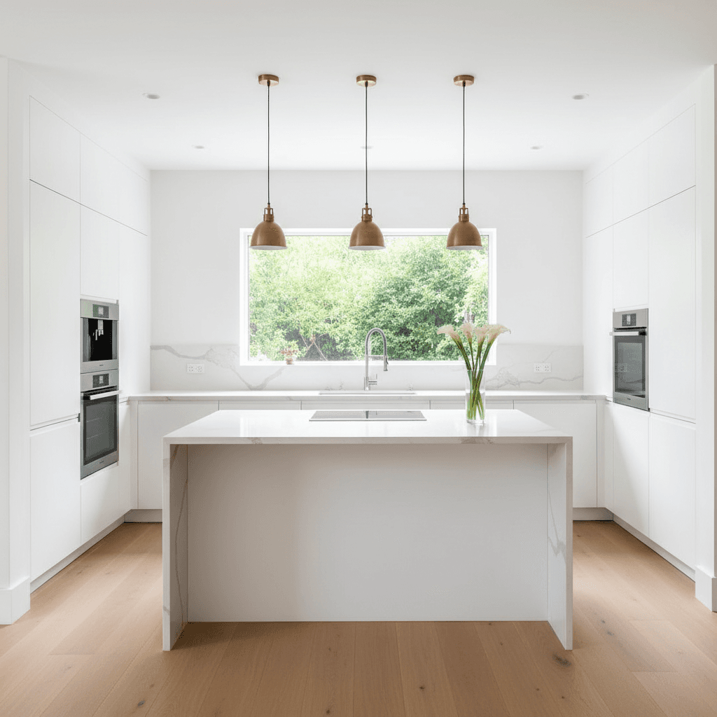 Modern kitchen with white cabinets and quartz countertop island