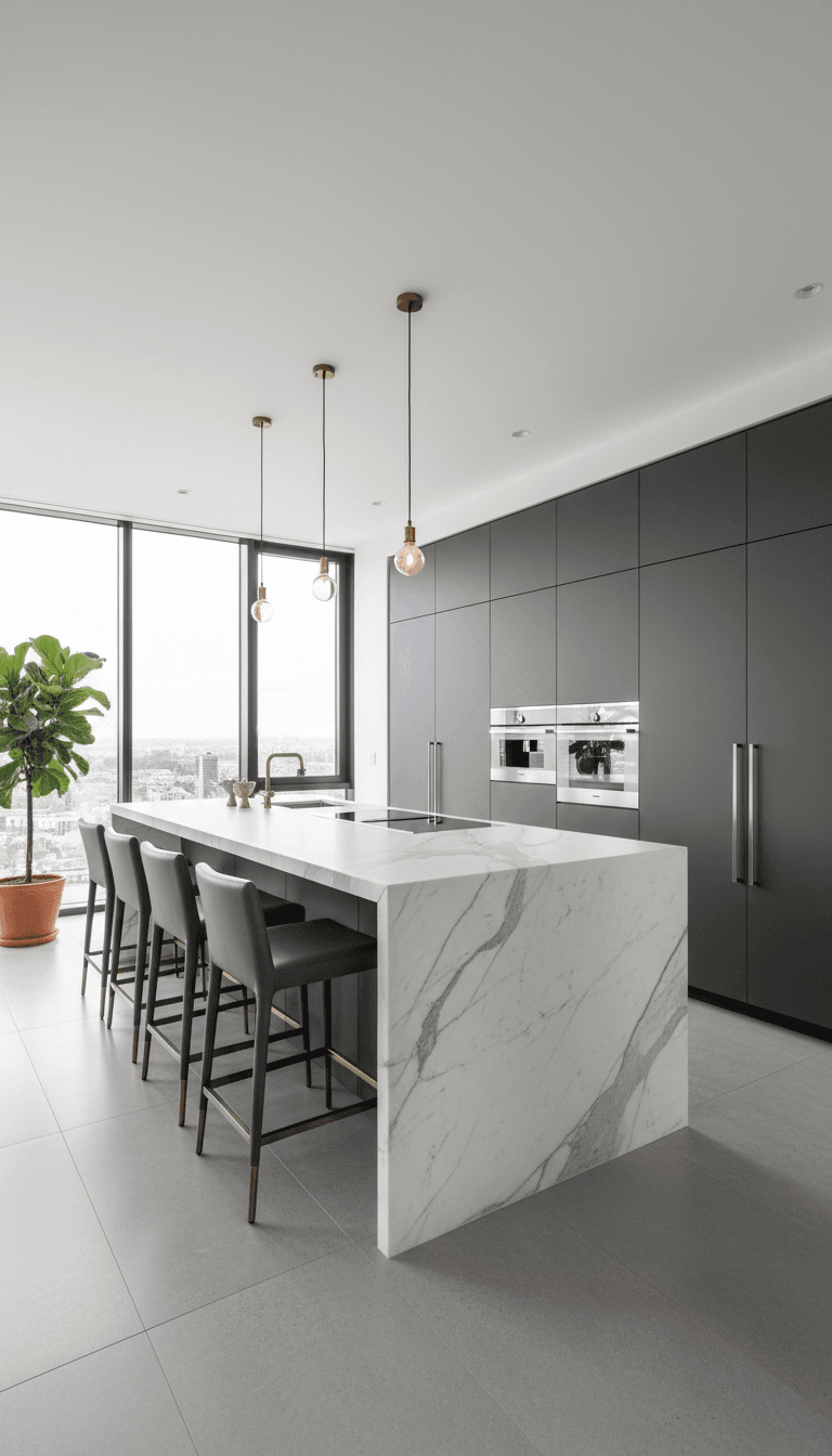 Finished kitchen island with functional seating and modern design elements
