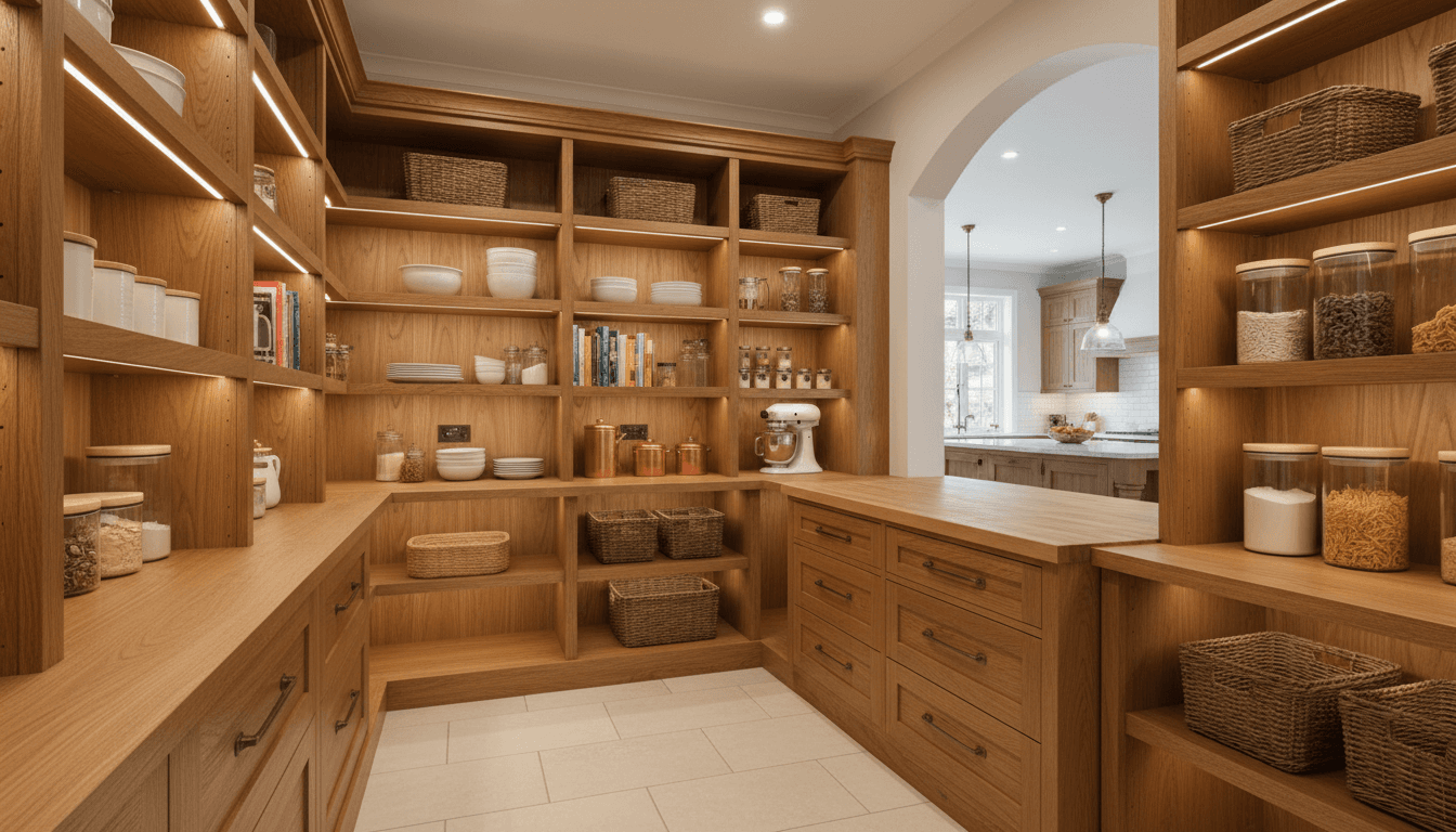 Walk-in pantry with open wood shelving and organized storage