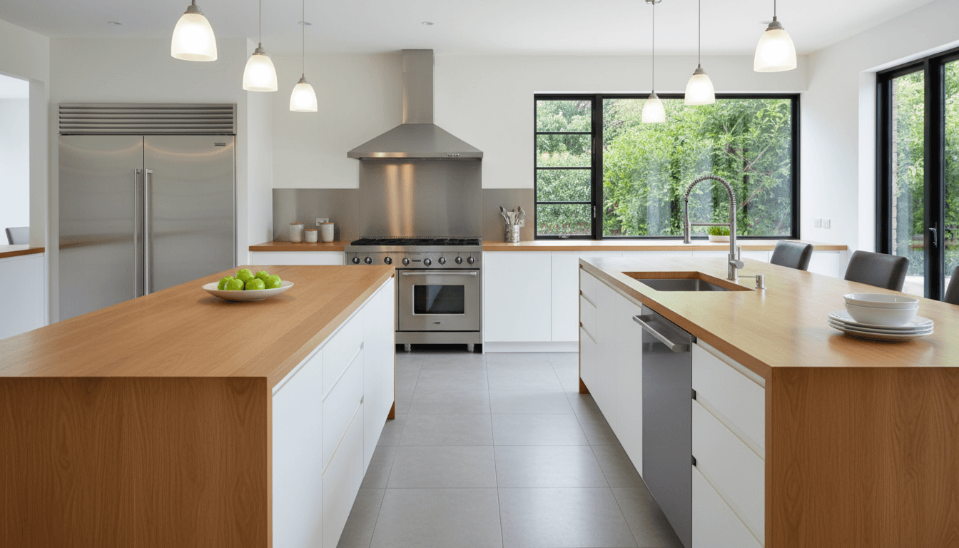Modern kitchen with wooden countertops and stainless steel appliances