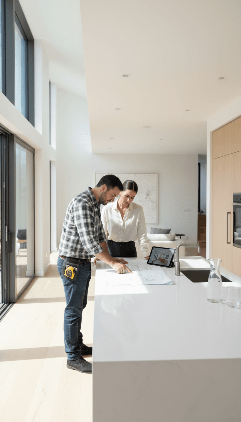 Contractor discussing renovation plans with homeowner in modern kitchen