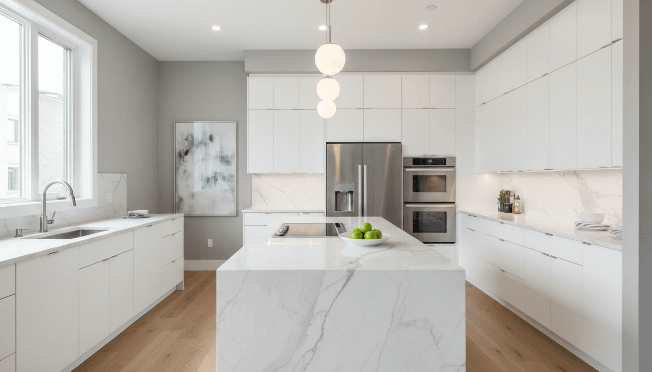 Modern renovated kitchen with white cabinets, pendant lights, and marble countertop