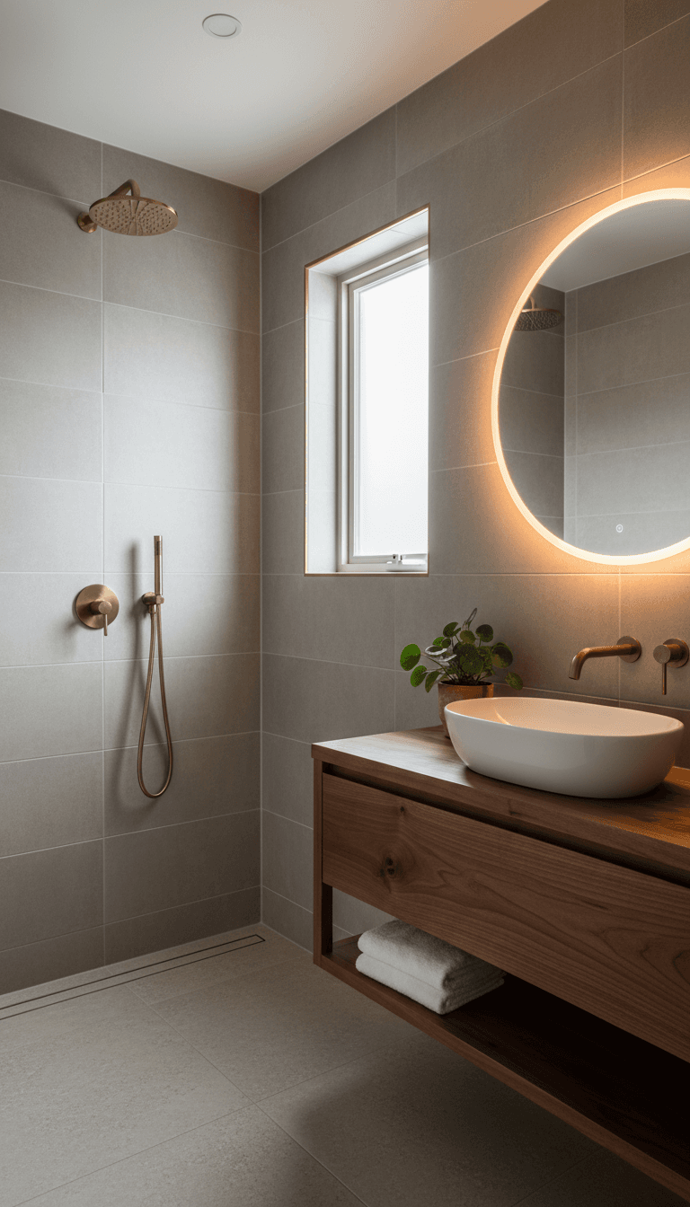 Finished modern bathroom remodel with walk-in shower