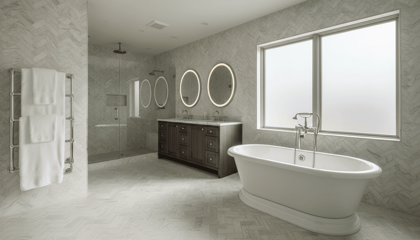 Master bathroom with herringbone tile and freestanding soaking tub