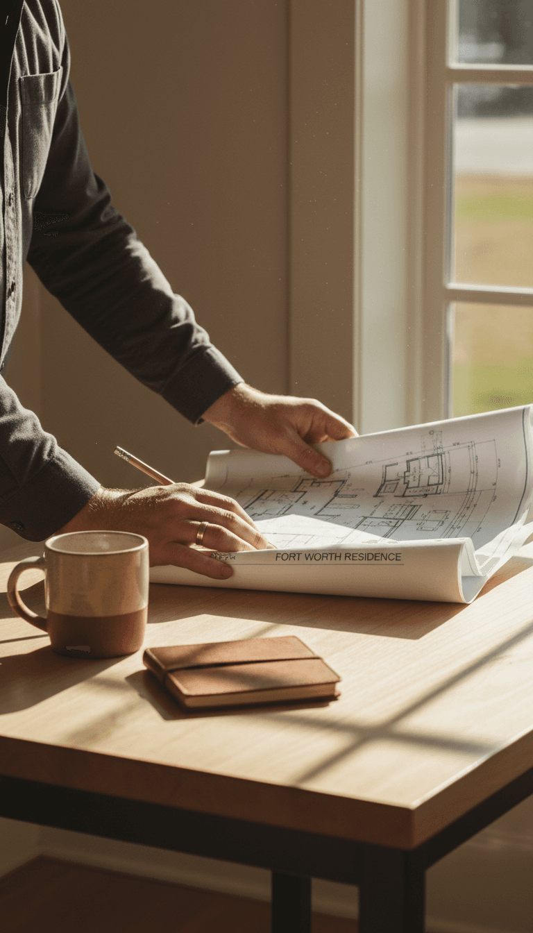 Hands unrolling a blueprint on a wooden desk with a pencil