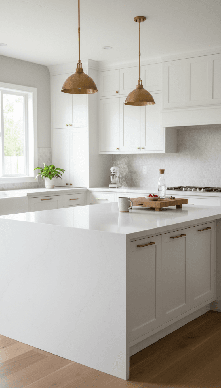 Bright, modern remodeled kitchen with white cabinets and a large island