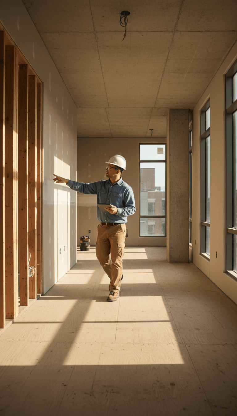 Contractor walking through a rental unit during the scoping walk