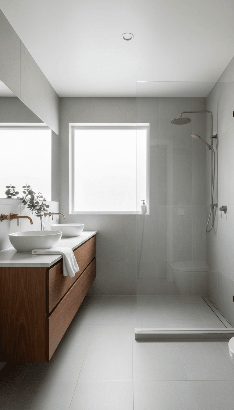 Renovated bathroom with walk-in shower and walnut vanity