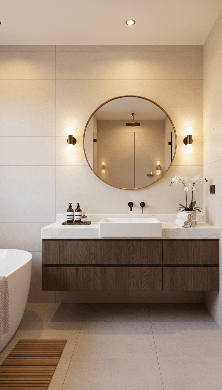 Completed bathroom remodel with luxurious finishes and professional design details