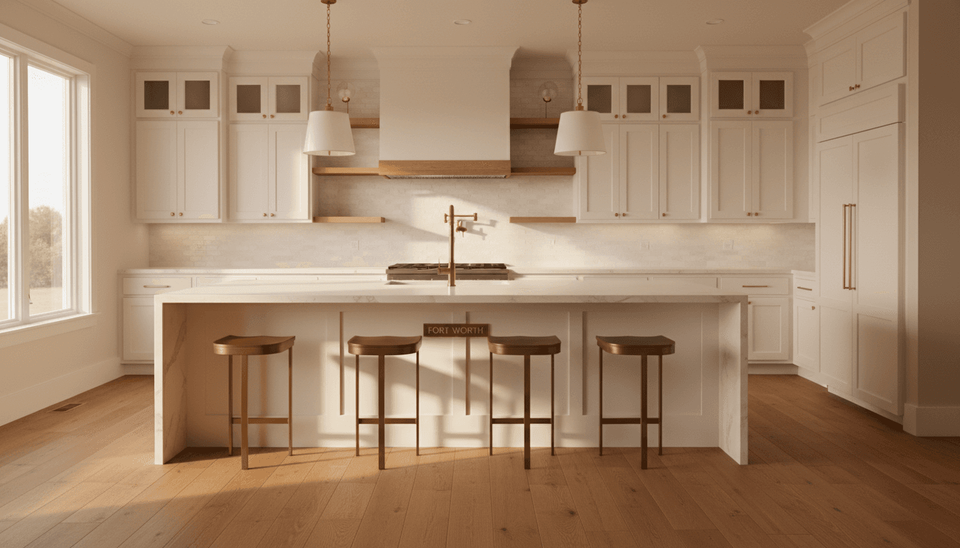 Bright modern farmhouse kitchen with white cabinets, quartz island, and brass fixtures
