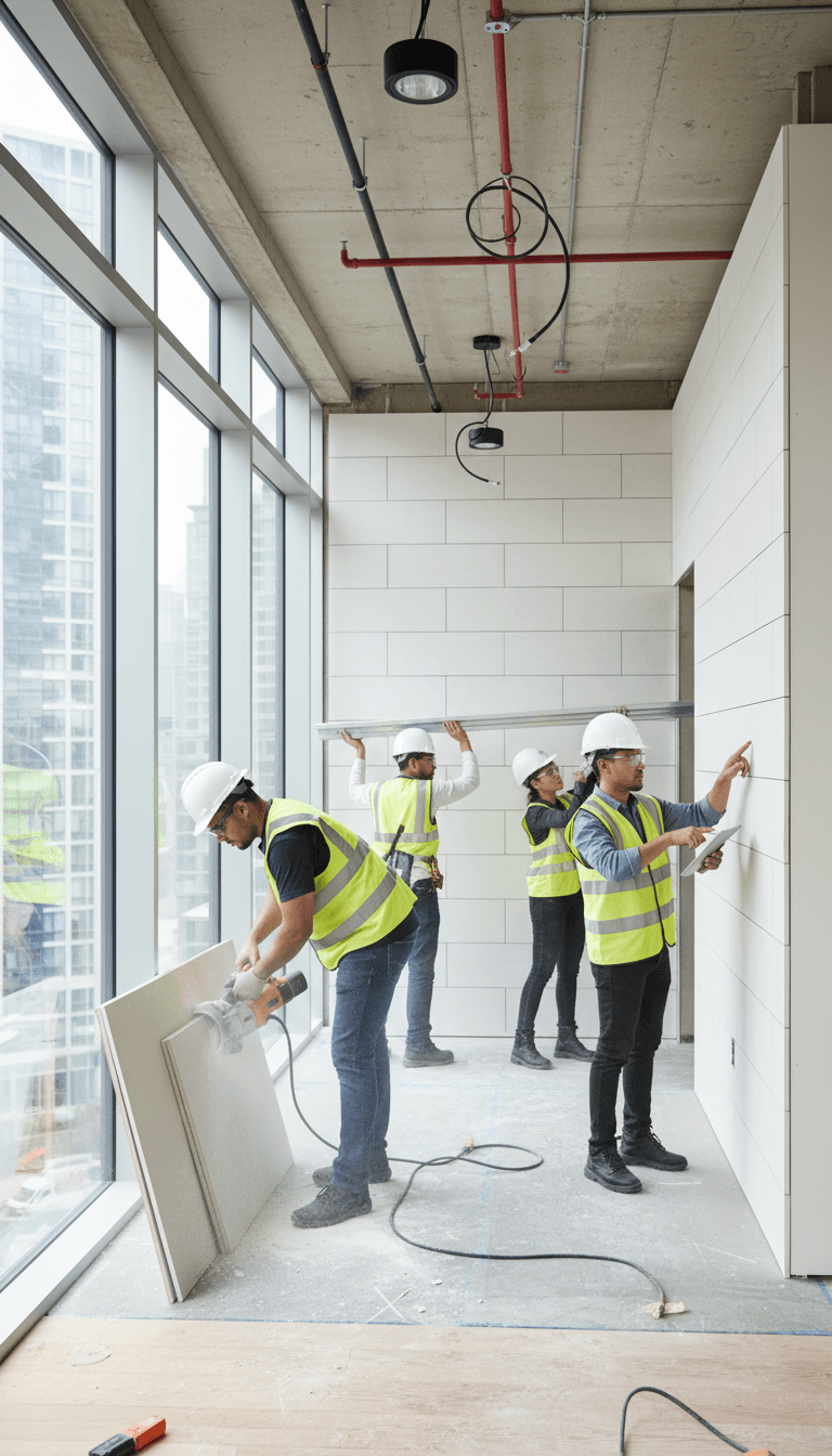 Construction crew working efficiently in bright modern renovation site
