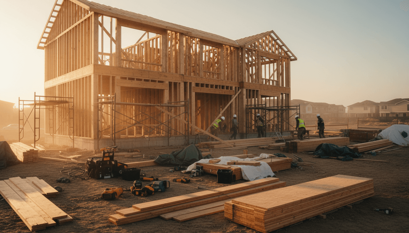 Construction crew framing a residential home at a build site