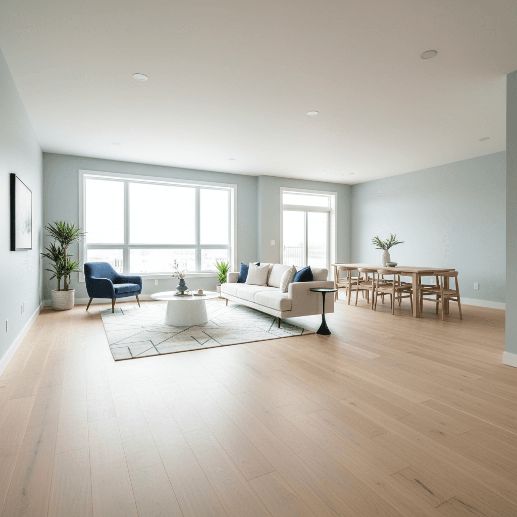 Open concept living room with new flooring and natural light