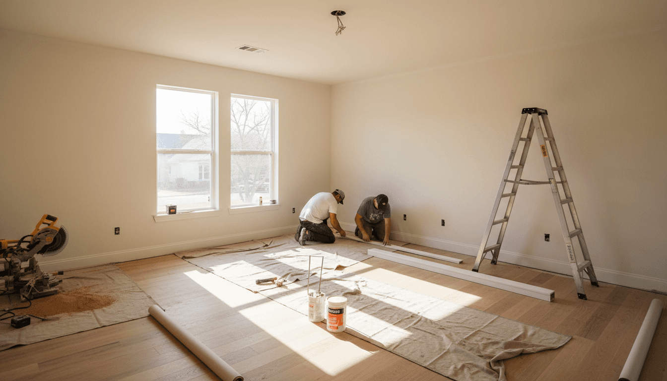 Bright rental property interior mid-renovation with fresh flooring, paint, and contractors at work