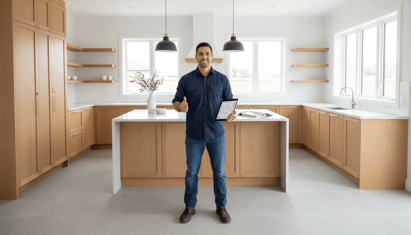 General contractor reviewing plans in a newly renovated kitchen