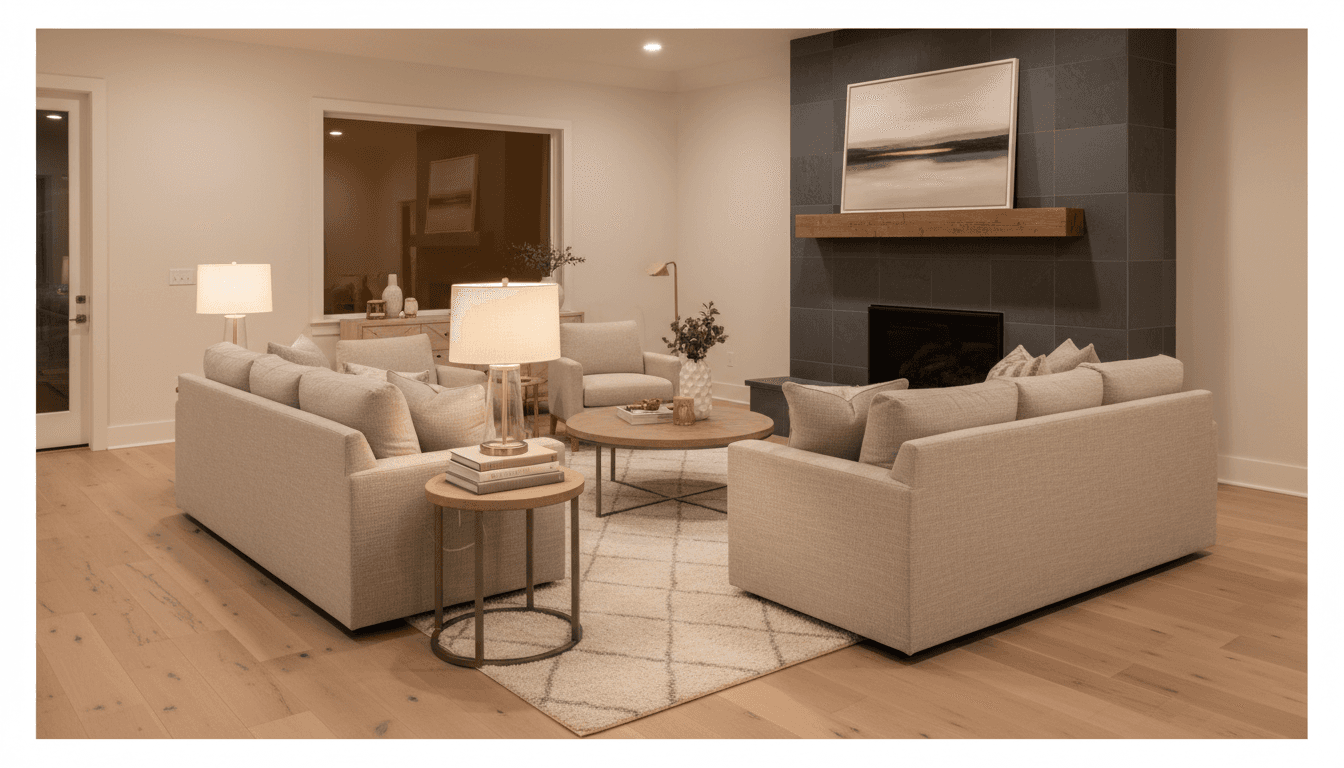 Living room with oak flooring and slate fireplace after a full home renovation