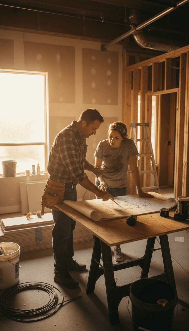 Contractor reviewing project plans with a homeowner in a Fort Worth kitchen renovation