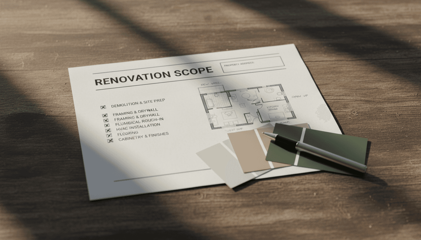 A contractor reviewing a written renovation scope and paint swatches at a desk