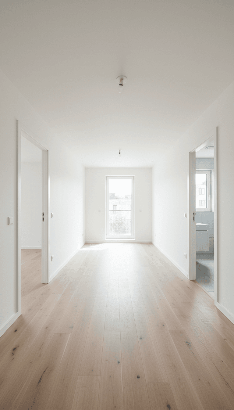 Clean bright apartment interior with fresh paint and new flooring before move-in