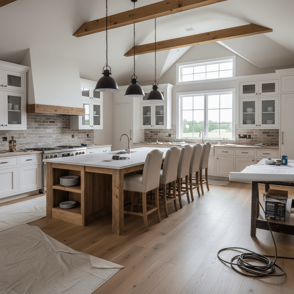 Gut remodeled kitchen with shaker cabinets and large island with seating