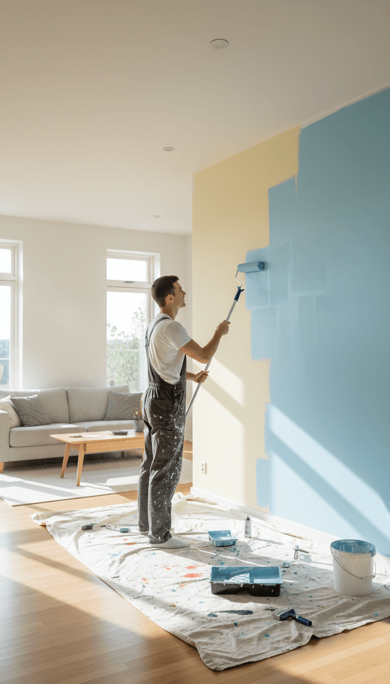 Painter applying fresh paint to interior wall