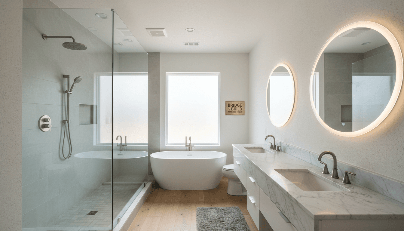 Modern bathroom featuring a glass shower, freestanding tub, and marble double vanity with backlit mirrors.