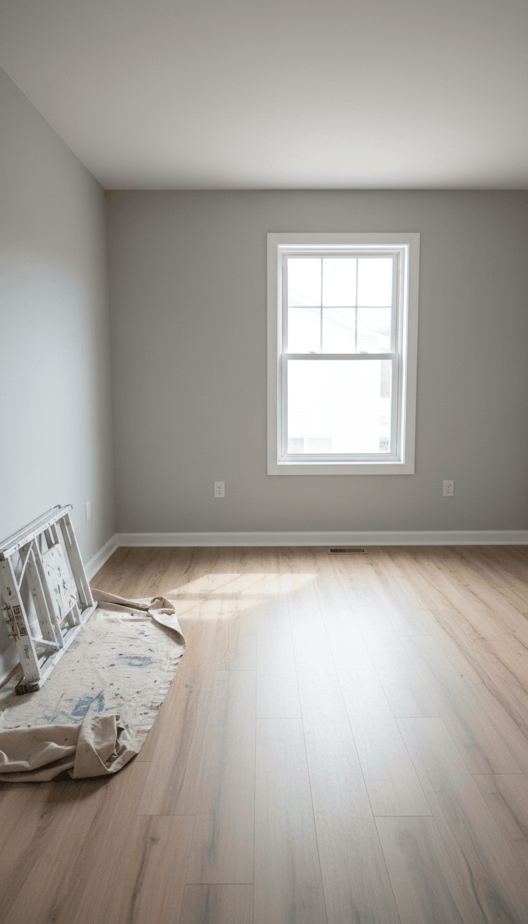 Freshly painted rental bedroom with new vinyl plank flooring