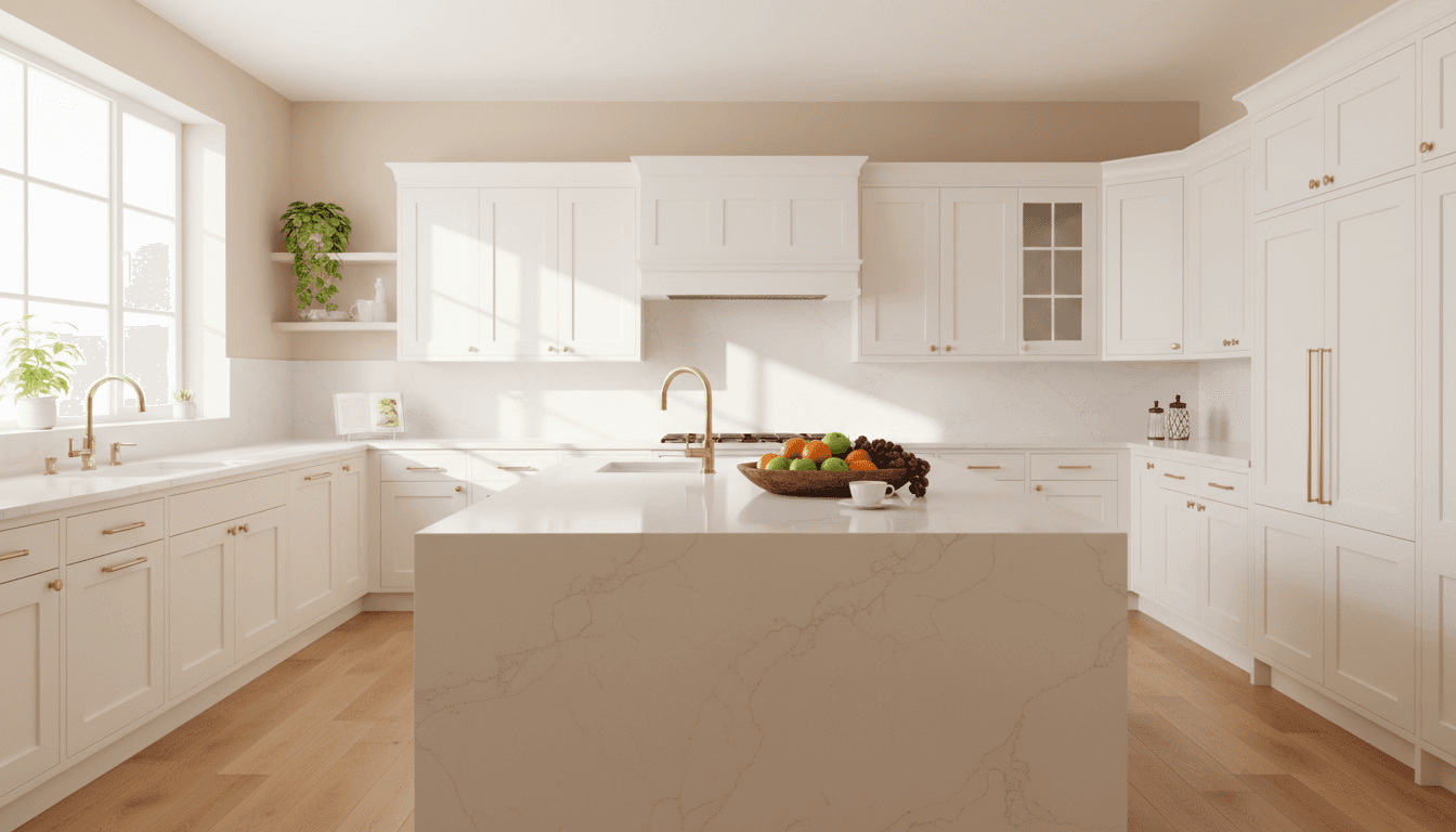 Bright modern kitchen with a quartz island and brass fixtures