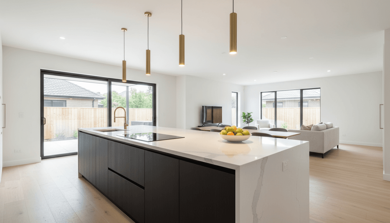 Modern kitchen with a large quartz island, pendant lighting, and sleek cabinetry