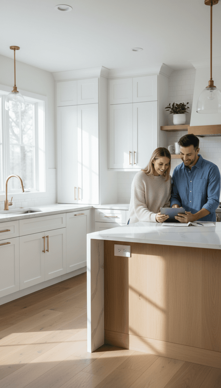 Homeowner reviewing kitchen remodel paperwork with contractor