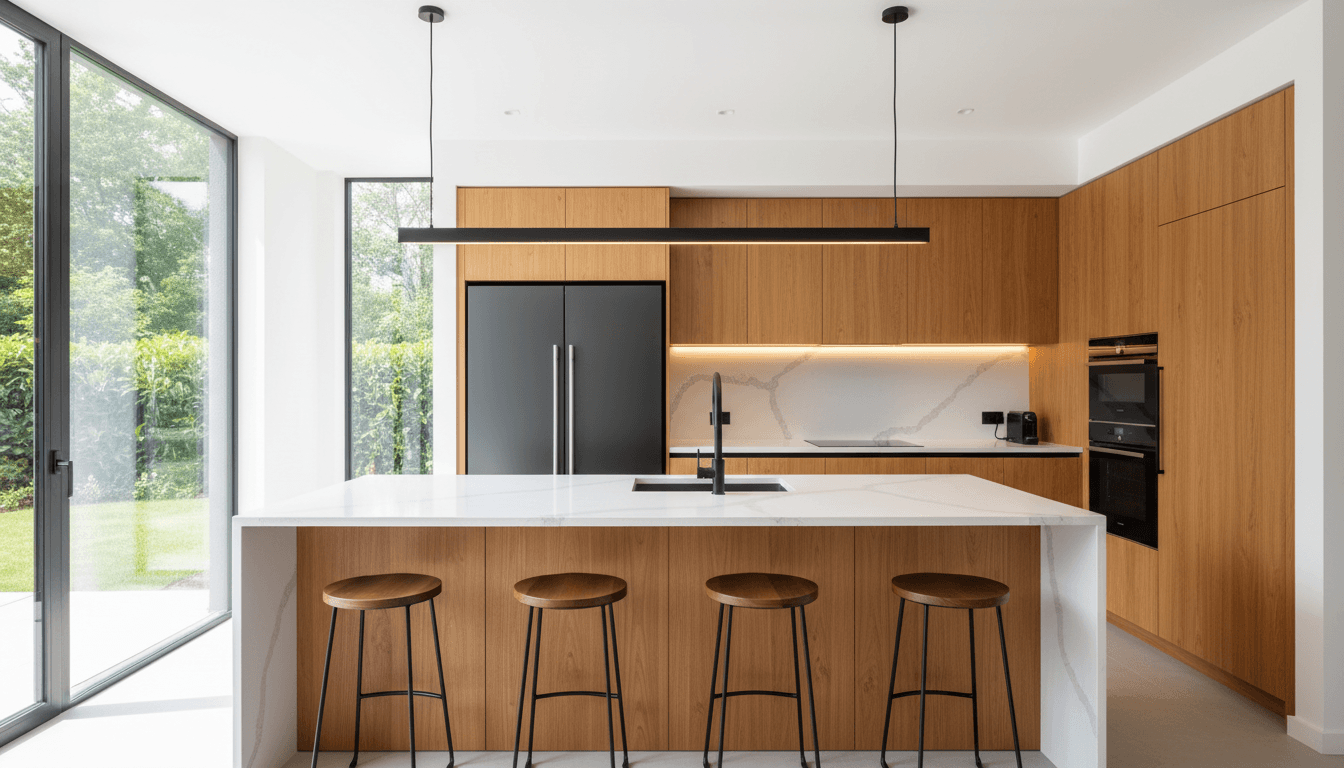Modern kitchen with quartz countertops and wood cabinetry
