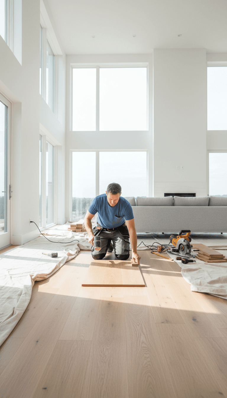 Contractor installing hardwood flooring