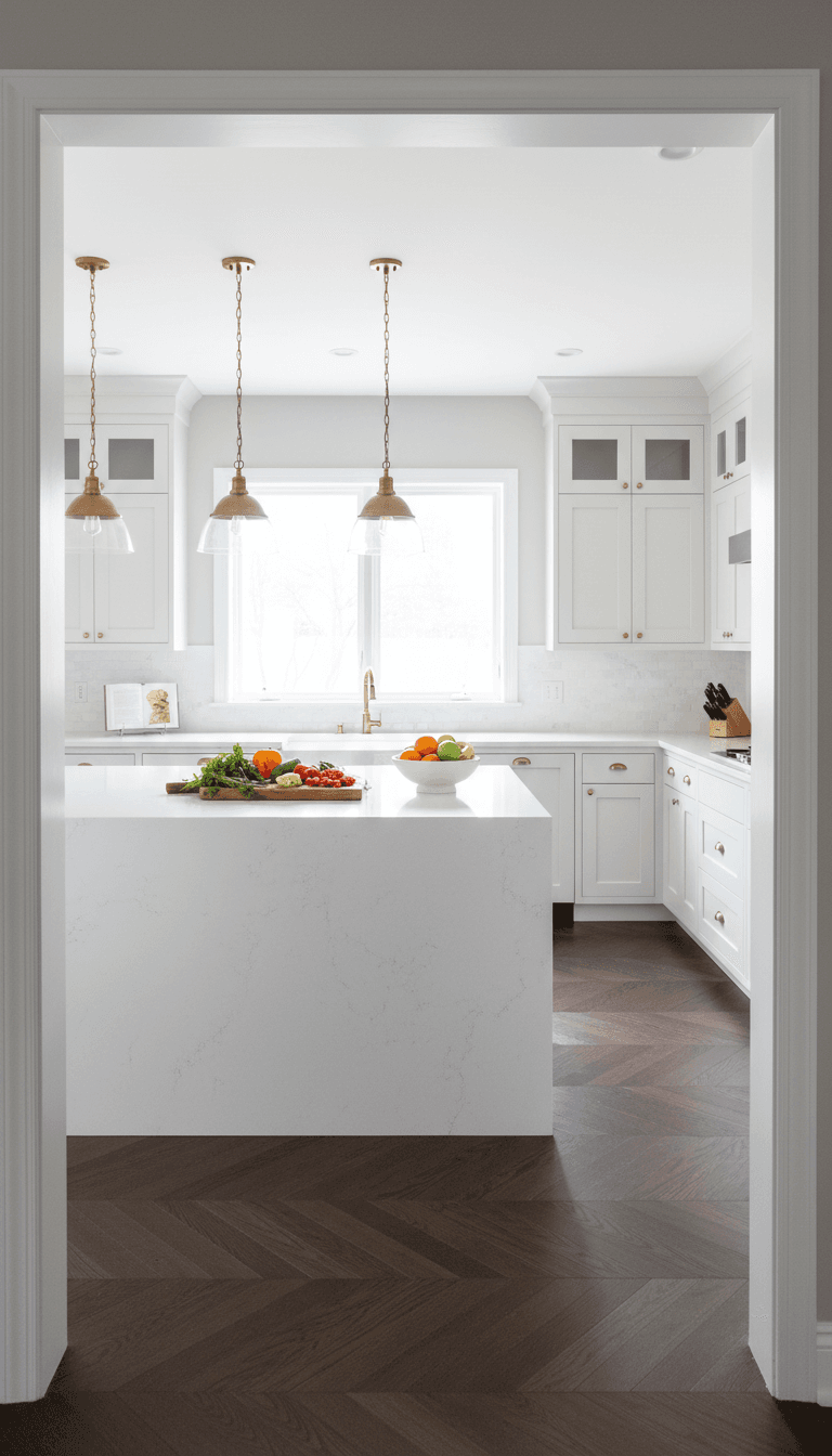 Renovated kitchen with white cabinets and quartz island