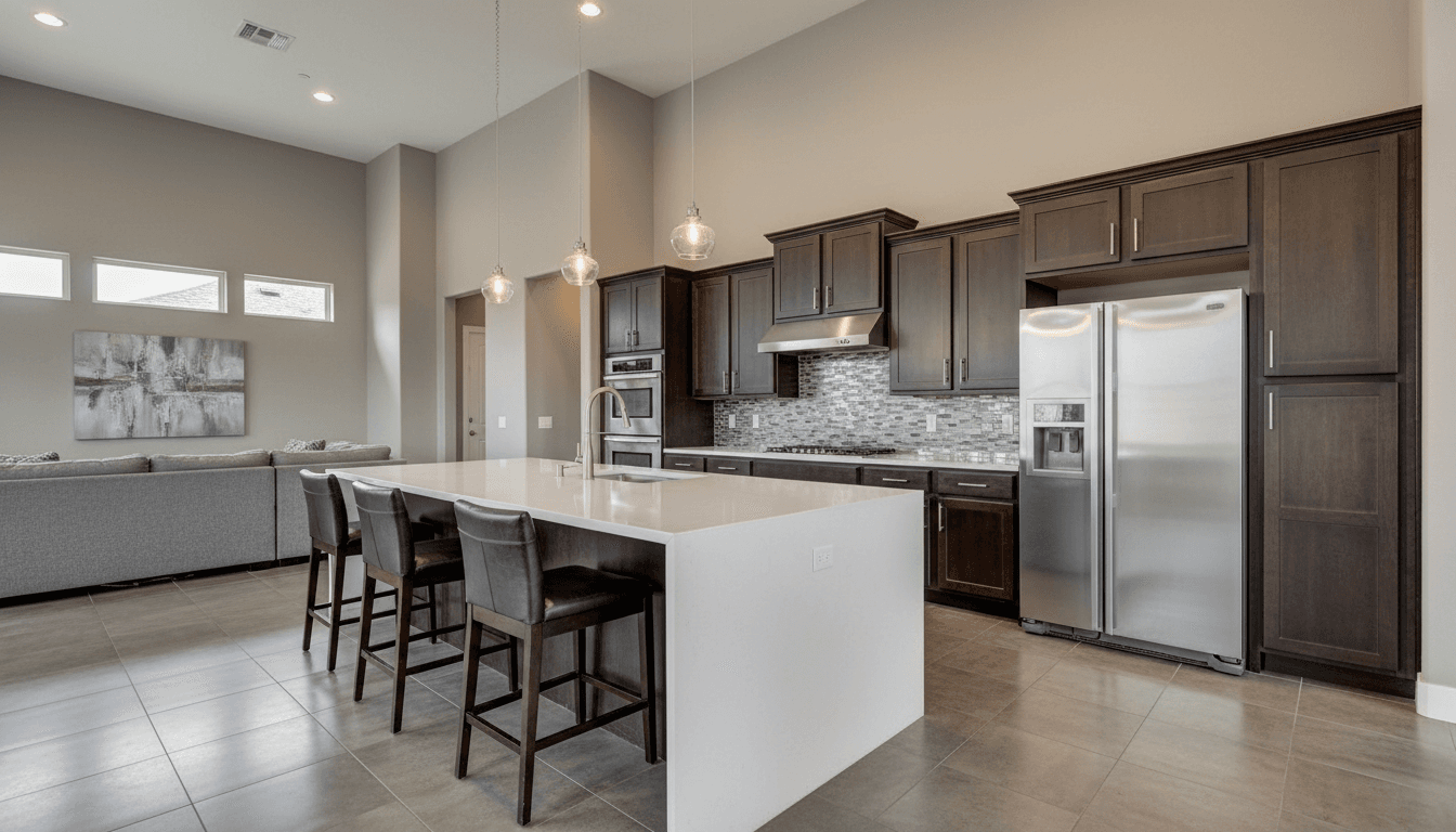 Open concept kitchen with dark wood cabinets and breakfast bar